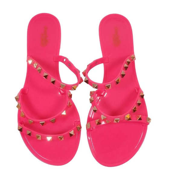 Charlotte Russe Shoes - Charlotte Russe Women's NEW Pink Gold Studded Jelly Slip-On Flat Strap Sandal 7